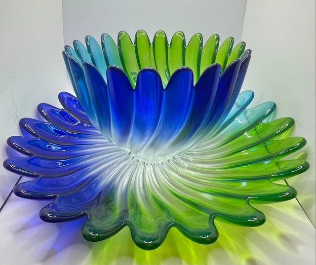 Walther Glass Ombre Bowl and Plate Blue Green Shimmer Ribbed Swirl Flower Petal