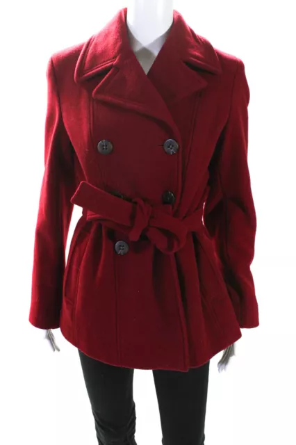 Calvin Klein Womens Double Breasted Belted Pea Coat Red Wool Size 4 Petite