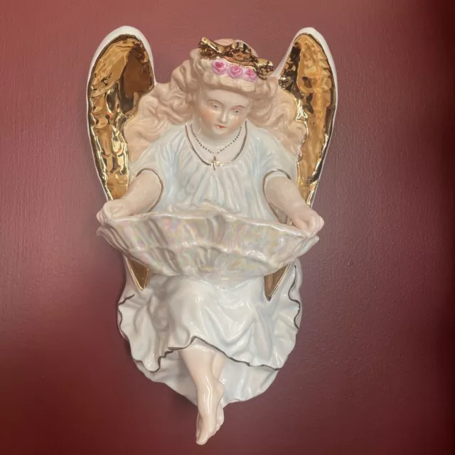 Antique French bisque porcelain angel figurine holy water font Gold France LARGE