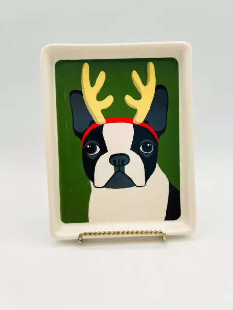 Magenta Boston Terrier Hipster Christmas Antler Ceramic Dish Plate 5"x6.5"