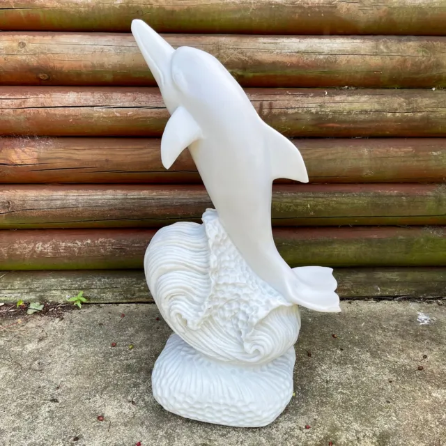 Ornamento Delfino Bianco Marmo Bianco Resina Giardino Patio Pesci Statua Base Onda Mare