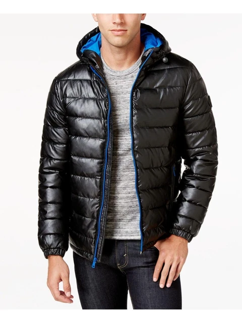 Cole Haan Men's Quilted Faux Leather Puffer Jacket Black/Blue XL NWT