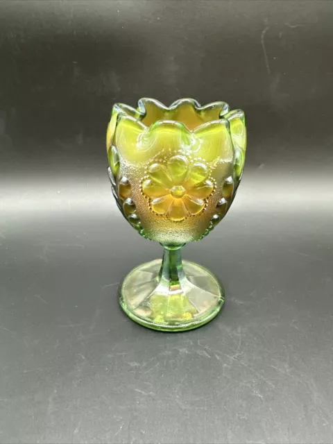 HTF Northwood Daisy & Plume Green Iridized Carnival Pedestal Footed Rose Bowl