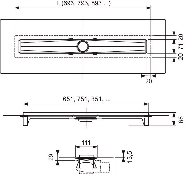 TECE Drainline Evo Duschrinne Designrost Basic / Linas 70 - 120 cm Komplettset 3
