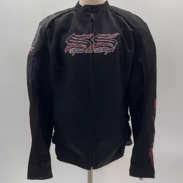 Speed & Strength Gear Black/Pink/Silver Jeweled/Wings Mesh Lined Biker Jacket-XL
