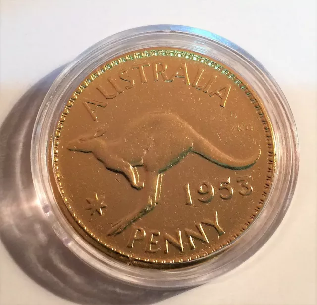 1953 Circulated Australian Penny Coin 999 24k Gold HGE in Acrylic Capsule. QE 11