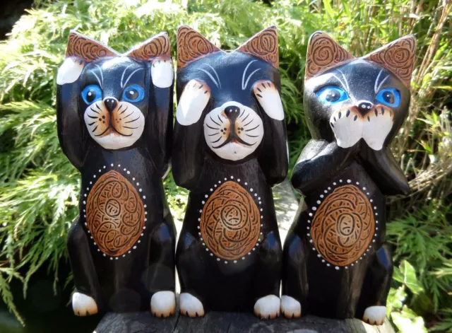 Hand Made Wooden Carving See Hear Speak No Evil 3 Wise Cats Cat Statue Set Of 3