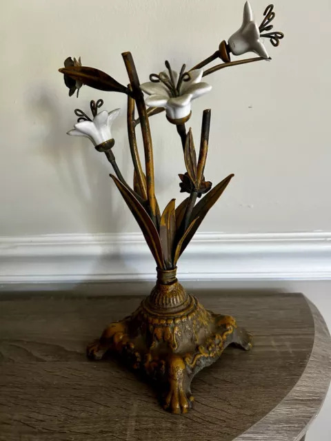 French Early 20Th Century Gilt & Lily Flower Arrangement Decor Porcelain Brass