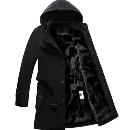 Fashion Mens Hooded Faux Fur Lined Winter Warm Trench Coat Outwear Thick Jackets