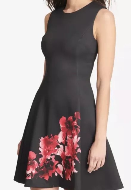 DKNY Women's A Line Dress Scuba Floral Print Fit N Flare Black Size 6-Sleeveless