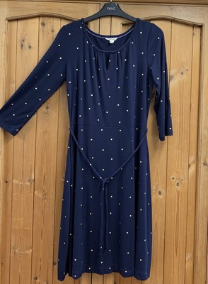 White Stuff * 10 * Navy Blue & Gold Spot Jersey Dress * With Belt * Tunic Tea