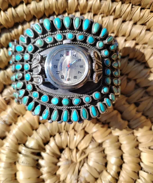 Vintage Stamped JMB Navajo Petite Point Silver And Turquoise Watch Cuff