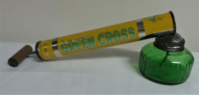 Vintage Green Cross Pump Bug Sprayer Glass Jar And Wooden Handle Functional