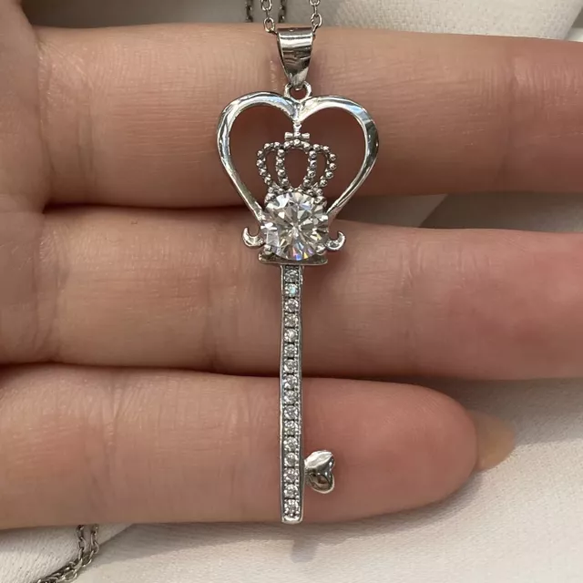 Love Heart Crown Key 925 Sterling Silver Pendant Necklace Created Diamond