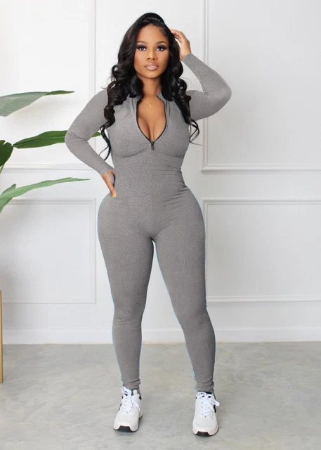 New grey front zip full length jumpsuit lounge wear sport travel plus size 16