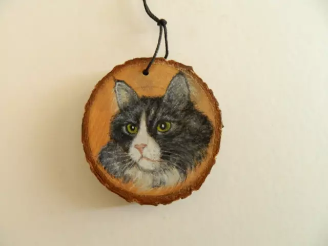 Norwegian Black and White Cat Hand Painted on a Natural Wood Decoration