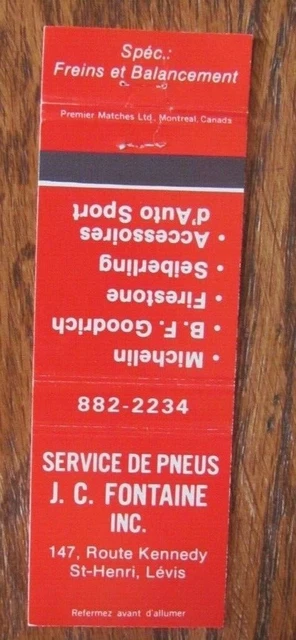 Tires Matchbook Cover: Pneus Jc Fontaine St-Henri, Quebec Empty Matchcover -D2