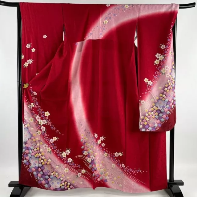 Woman Japanese Kimono Furisode Silk Cherry Blossom Wave Gold Foil Red