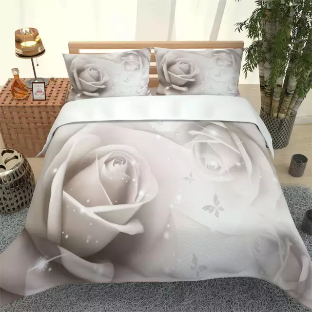 White Roses And Butterflies 3D Quilt Duvet Doona Cover Set Pillow case Print