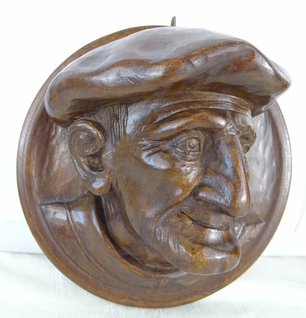 Antique French Hand Carved Wood Sculpture Full Relief - Two Peasants Head's 3