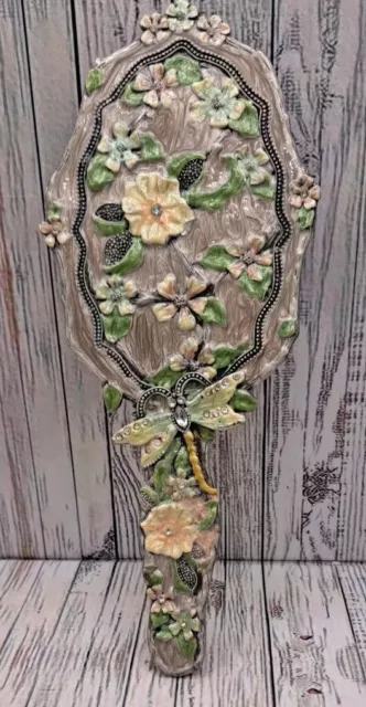 Vintage Enamel Vanity Hand Mirror Rhinestone Flower Dragonfly Bouquet Beautiful