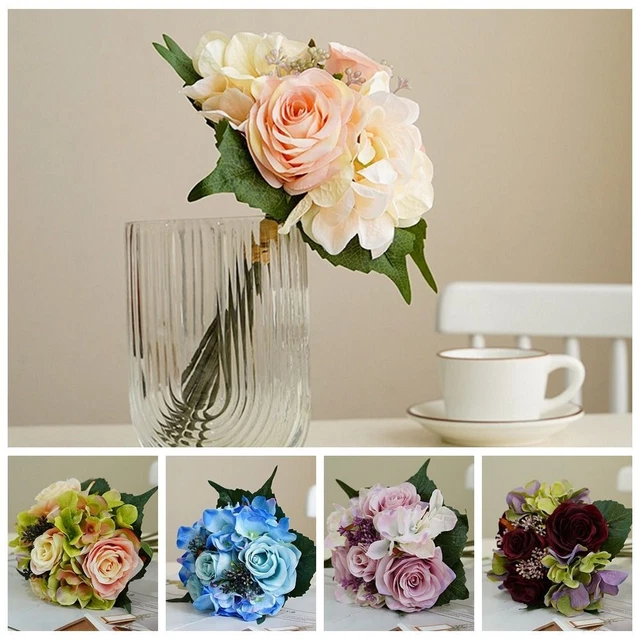 Arreglo floral realista rosa hortensia planta sintética flores artificiales