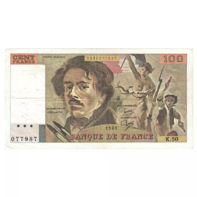 [#634662] France, 100 Francs, Delacroix, 1981, K.50, AU, Fayette:69.5, KM:154, b