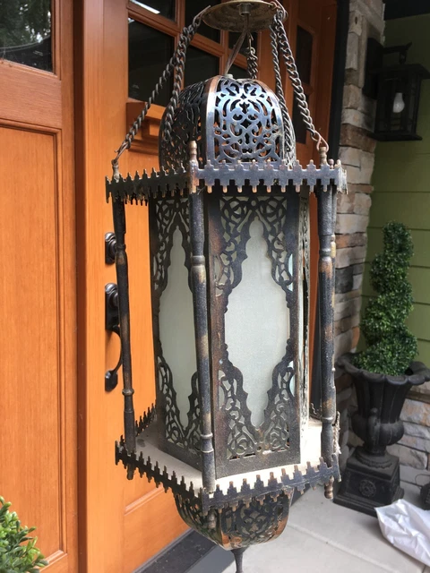 Vintage 60s 70's Moroccan Brass Glass Hanging Lamp Antique Pendant Pierced