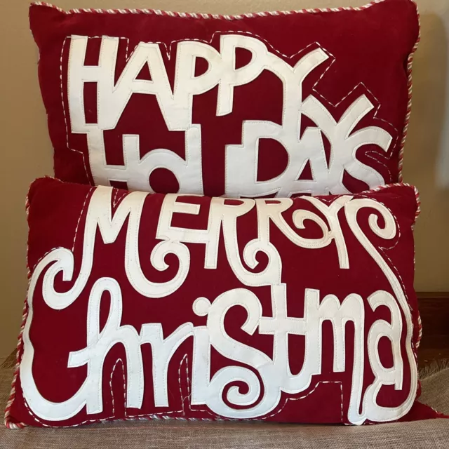 Happy Holidays & Merry Christmas Throw Pillows  10 x 16" Red & White