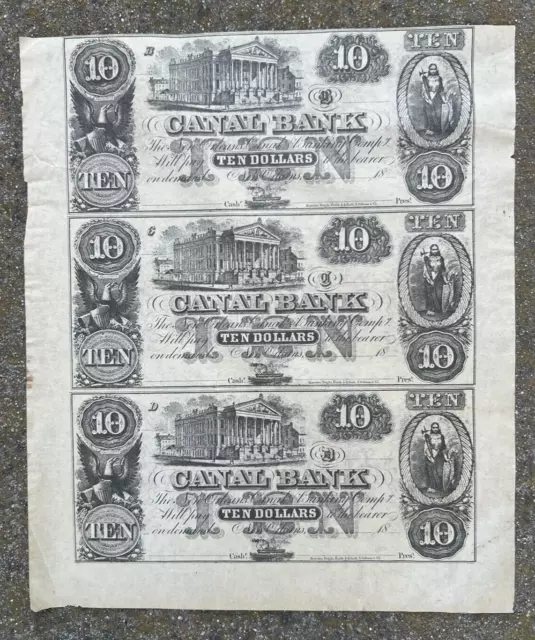 Rare Canal Bank Ten 10 Dollar $10 Uncut Sheet Paper Money Bank Note New Orleans