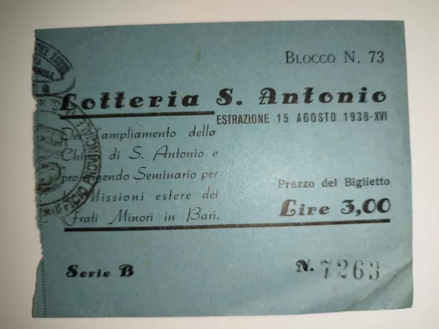 Biglietto Lotteria di S. Antonio Bari anno 1938 lire 3