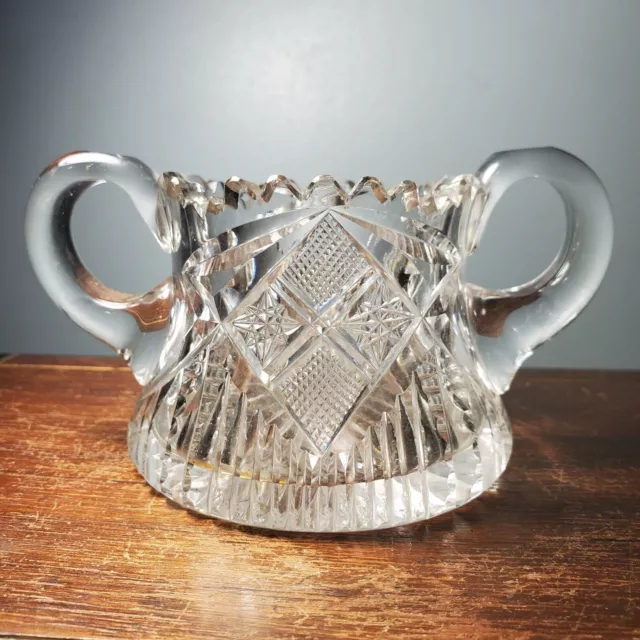 Antique American Brilliant Cut Glass Sugar Bowl w/ Hobstars & Crosshatch