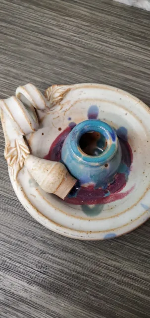 Art Pottery Ceramic Cone Incense Burner W/ Decorative Leaf Detail Handle Signed