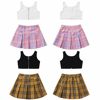 Kids Girls Stylish School Uniform Outfit Crop Top+Pleated Plaid Skirt Casual Set