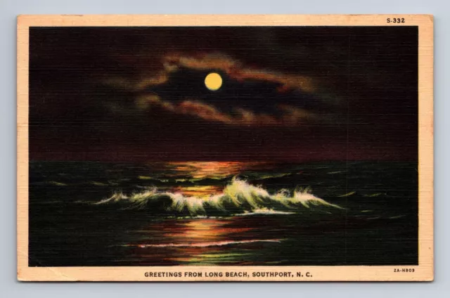 Ocean Moonlight Greetings from Long Beach Southport NC Oak Island Postcard