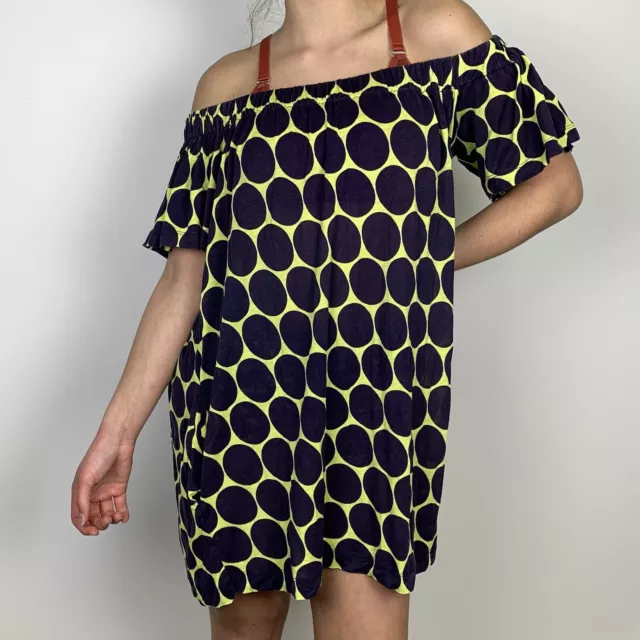 French Connection Size 8 Off The Shoulder Lime Green Purple Dot Mini Dress