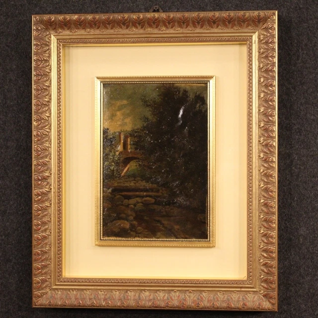 Pintura paisaje cuadro siglo XX oleo sobre carton con marco estilo antiguo 900