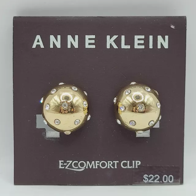 ANNE KLEIN Gold Tone Dome Ball Style with Rhinestone Clip EZ Comfort Earrings