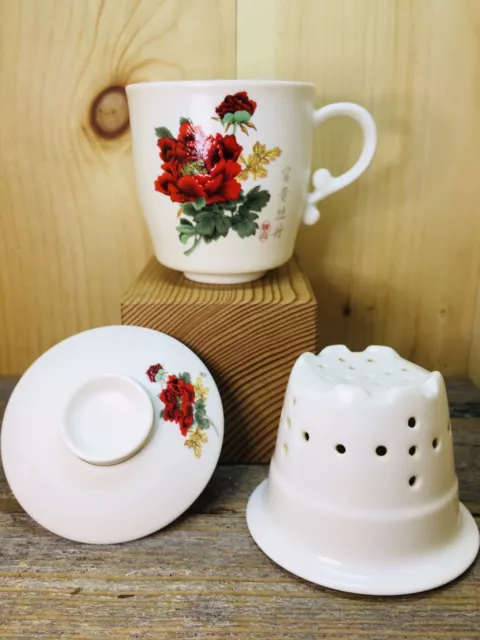 Red Peony’s Chinese Ceramic Porcelain Tea Mug Cup with lid Infuser Filter