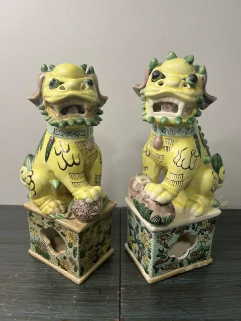 19th C. Pair of Chinese Export Famille Verte Buddhist Lions / Foo Dogs, ~11.5"H