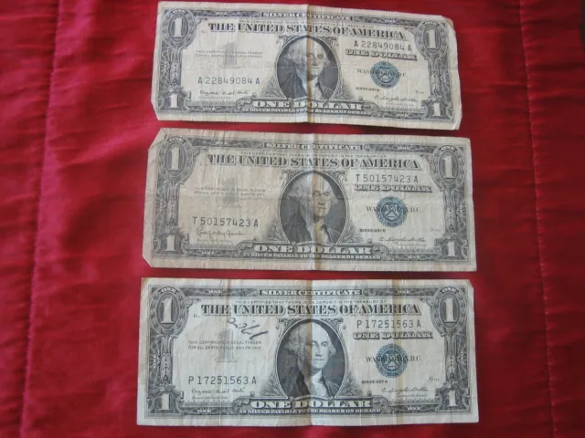 Lot of 3: $1 Silver Certificates.Two Series 1957A & One Series1957B. Circulated.