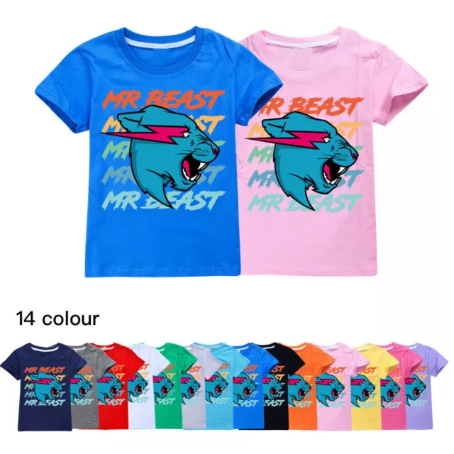 Mr Beast Lightning Cat Kids Boys Short Sleeve Cotton T shirt Casual Tee Tops UK