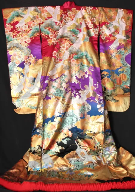 Free shipping Pure silk Uchikake Kimono Wedding Japanese VTG Bridal Robe Vivid