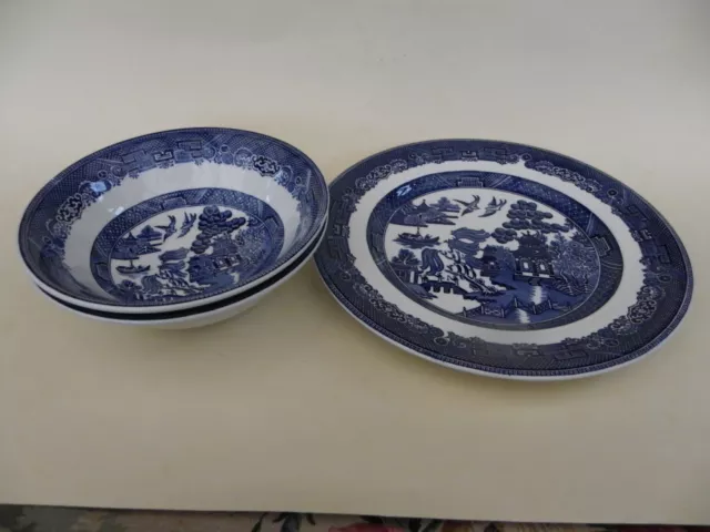 Johnson Brothers Blue & White Willow, 8.75" Plate & Pair of 6" Dia Fruit Bowls.