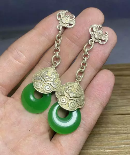 Retro Jewelry Antique Chinese Collection Qing Dynasty Old Jade Earrings Collect