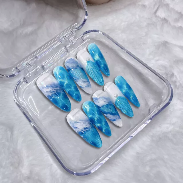 Hecho a mano Uñas Falsas Azul Brillante Almendras Prensa en Uñas para Arte en Uñas 10 PIEZAS