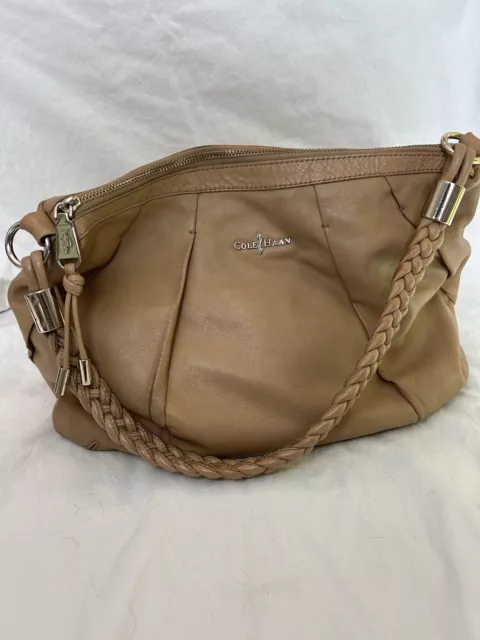 Cole Haan Tan Adele Pleated Braided Leather Hobo Shoulder Bag EUC