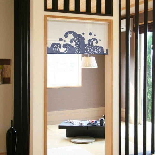 LIGICKY Rideau de porte japonais Noren Ukiyoe Hokusai La Grande Vague de Kanagawa Soleil Fleurs de cerisier Imprimé Tapisserie pour décoration de porte de maison restaurant 85,1 cm de large x 150
