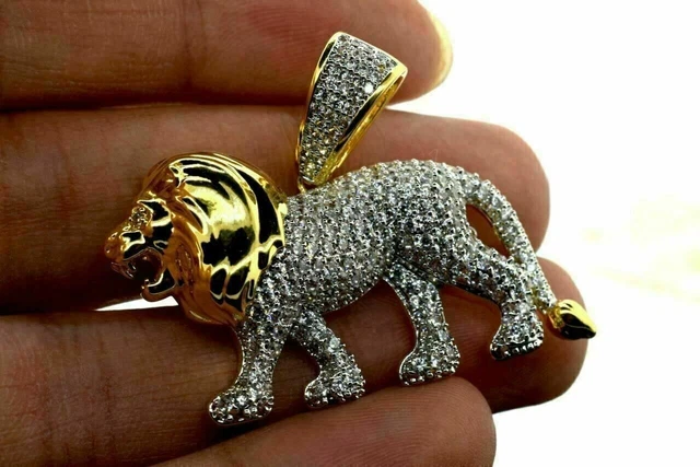 3Ct Round Cut Moissanite Lion Charm Pendant 14K Yellow Gold Plated Free Chain