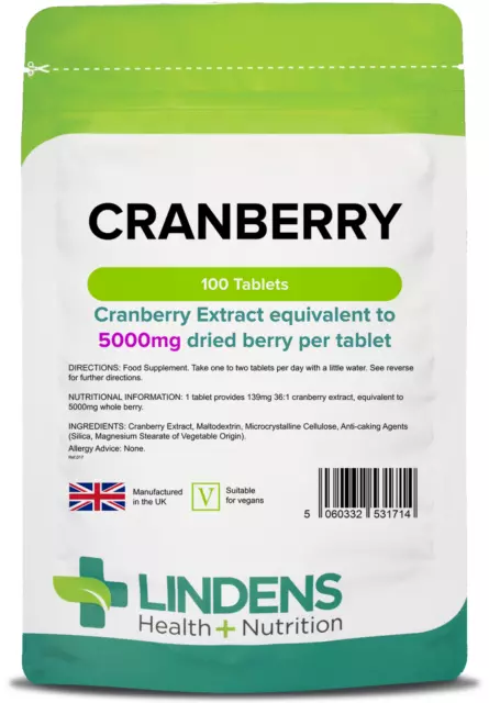 Lindens Cranberry Juice 5000mg Tablets - 100 Pack - Rich in Polyphenols, UK Made